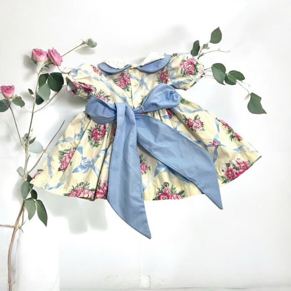Vtg Cottage core Baby Prairie Twirl Dress Bow Collar Girl Cabbage Rose Lace Trim - Picture 2 of 11